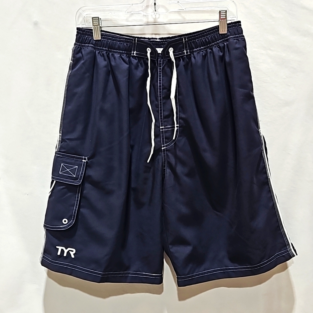 Men's TYR, Swim Trunks, Shorts, Navy Blue, Pockets, Elastic Waist, White Trim, M